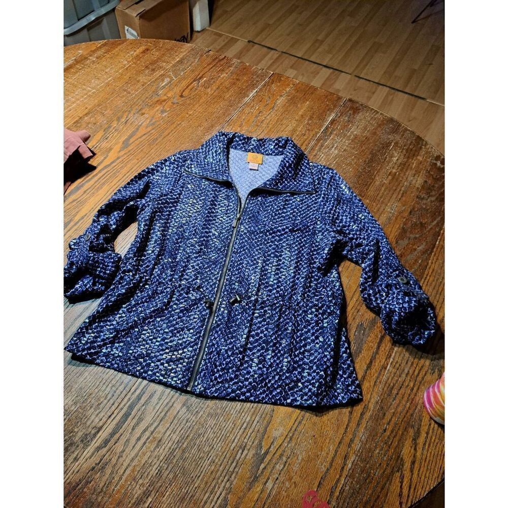 Size 12 Ruby Rd Blue Textured Shiny Zip Front Jacket Blazer Shirt Long Sleeve